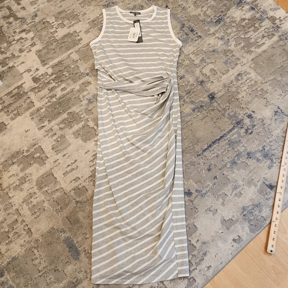 NWT Michael Stars Grey White Stripe Twist Front Sleeveless Midi Maxi Dress Sz M. - Picture 9 of 11
